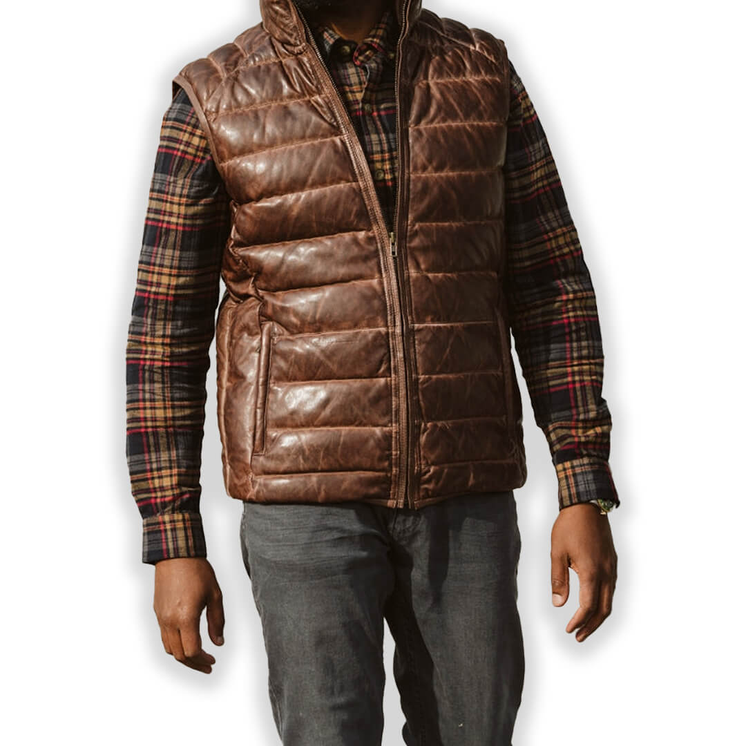 Tyler Brown Leather Puffer Vest - Leather Jacketss