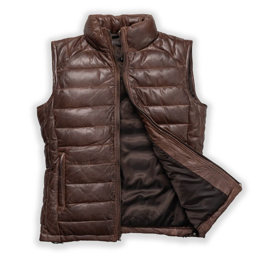 Tyler Brown Leather Puffer Vest - Leather Jacketss