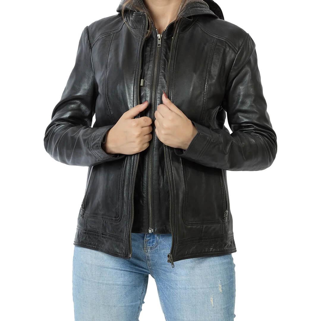 Hallen Black Leather Biker Hooded Jacket - Leather Jacketss