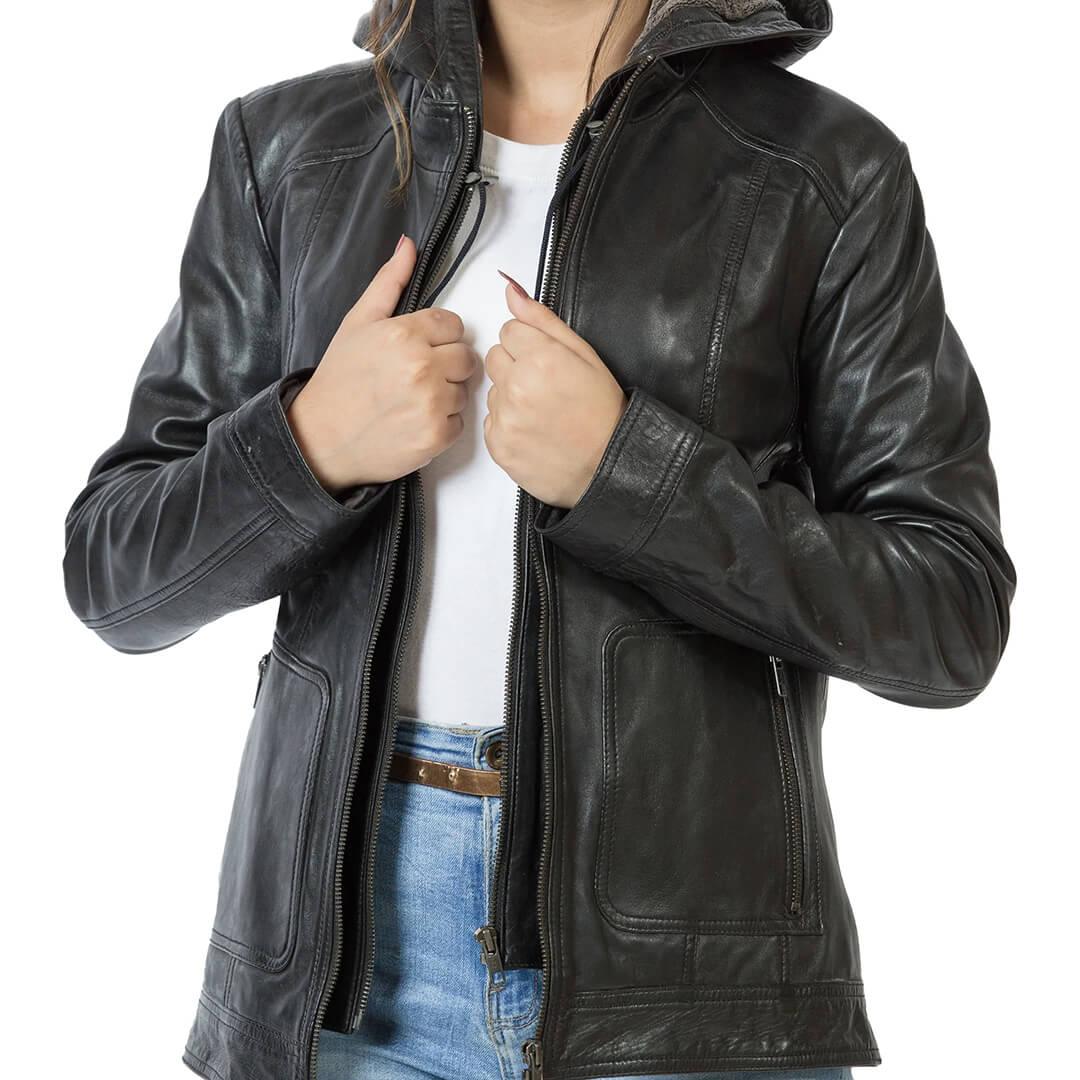 Hallen Black Leather Biker Hooded Jacket - Leather Jacketss