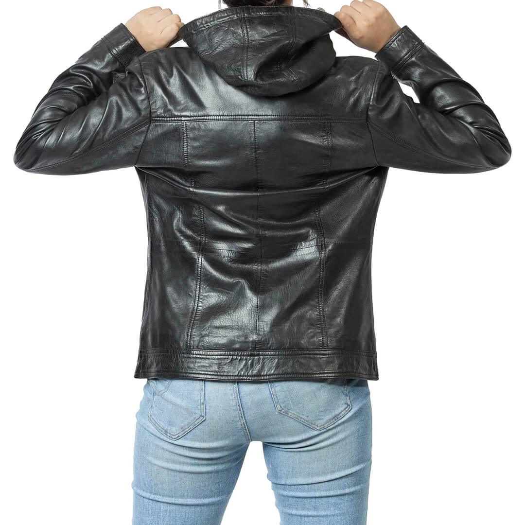 Hallen Black Leather Biker Hooded Jacket - Leather Jacketss