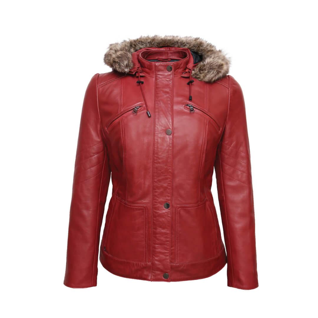 Daisy Red Leather Hooded Jacket - Leather Jacketss