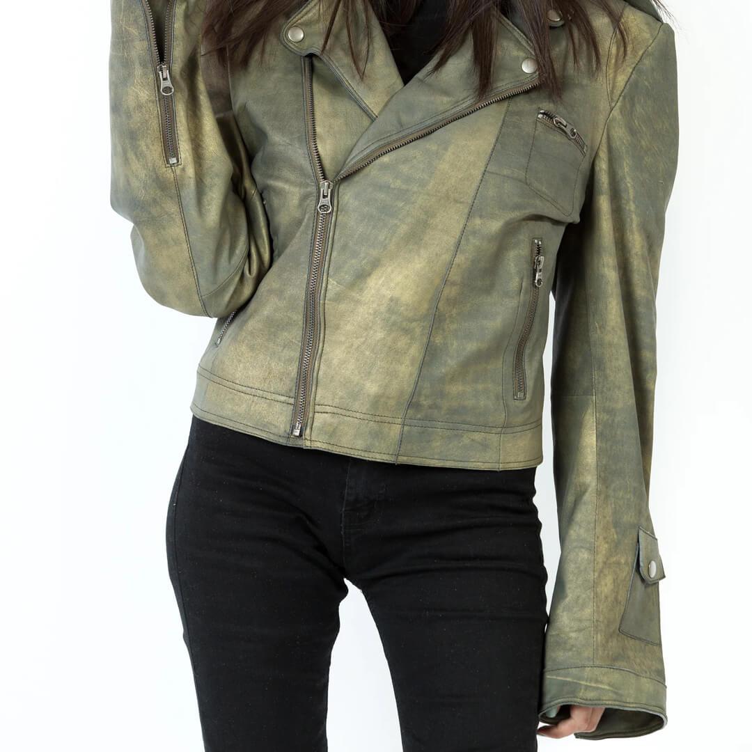 Jette Vintage Distressed Green Leather Jacket - Leather Jacketss