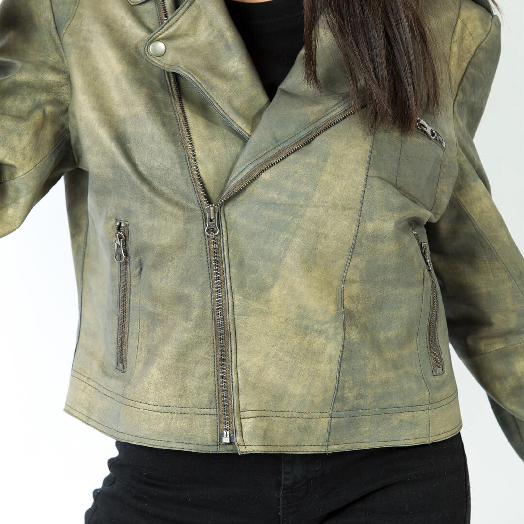 Jette Vintage Distressed Green Leather Jacket - Leather Jacketss