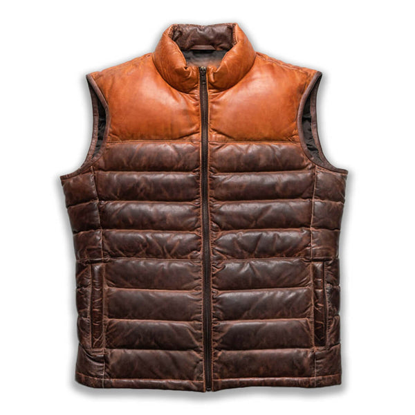 Chris Two-Tone Distressed Brown Leather Puffer Vest - Leather Jacketss