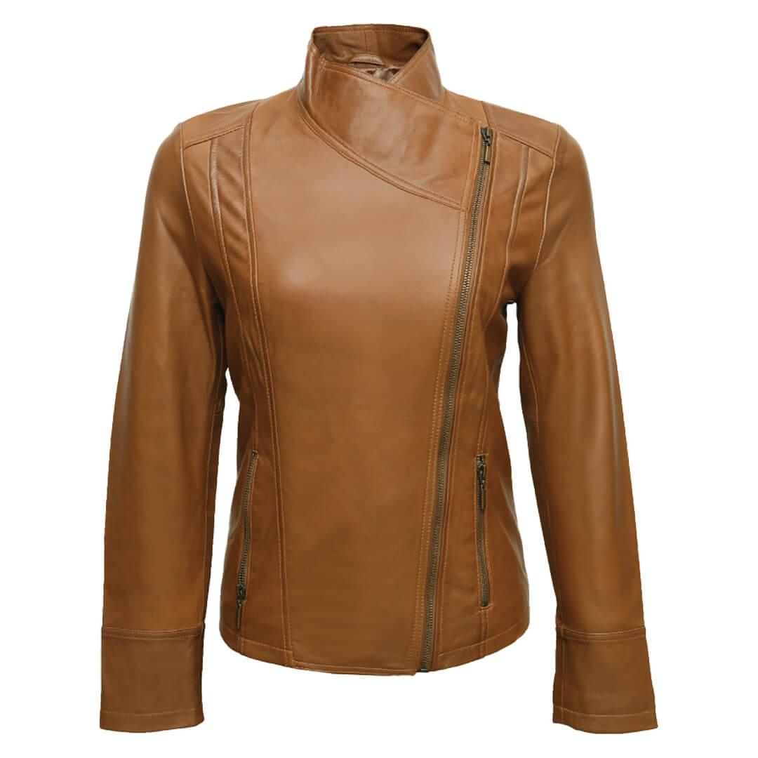 Karen Brown Leather Jacket with Asymmetrical-Zipper - Leather Jacketss