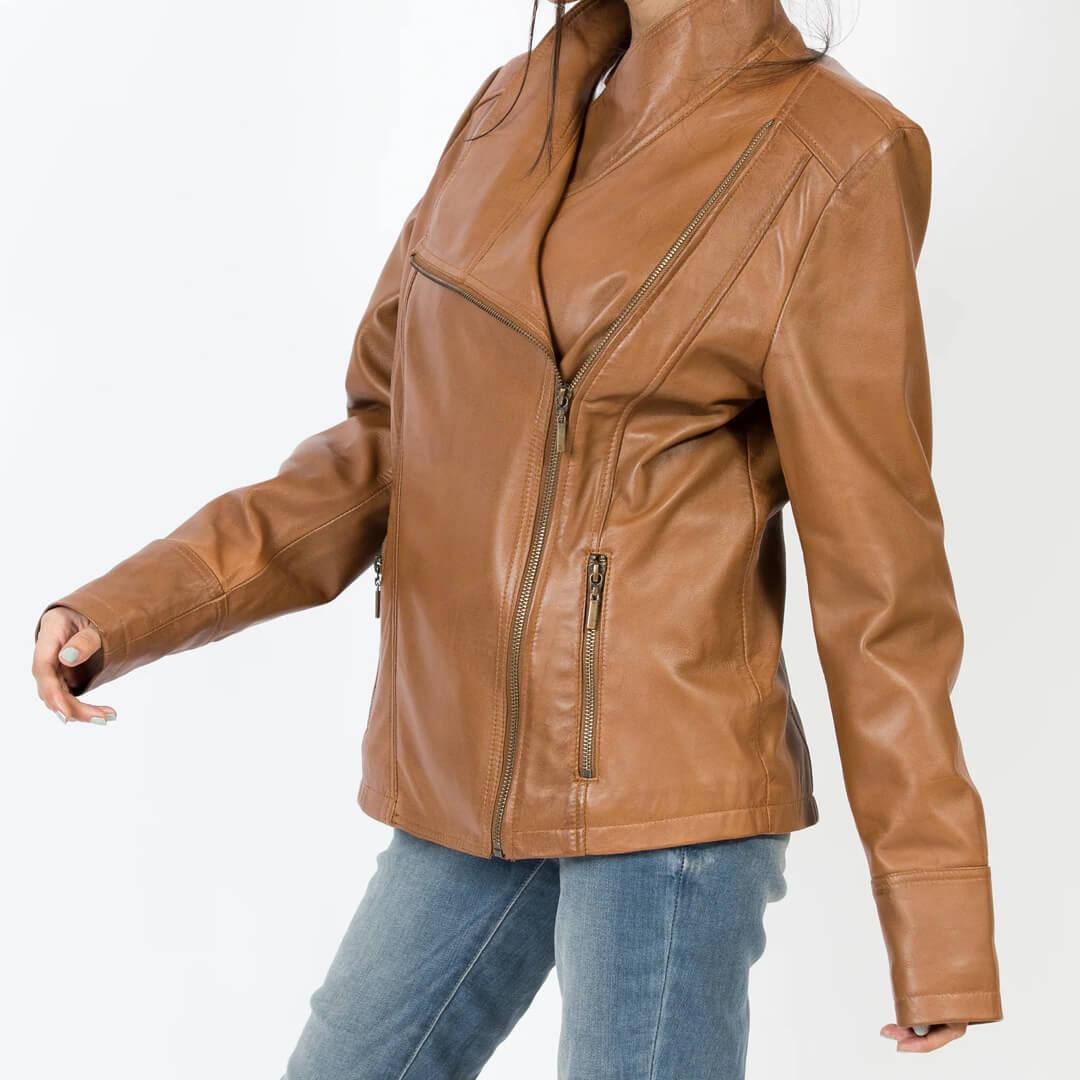 Karen Brown Leather Jacket with Asymmetrical-Zipper - Leather Jacketss