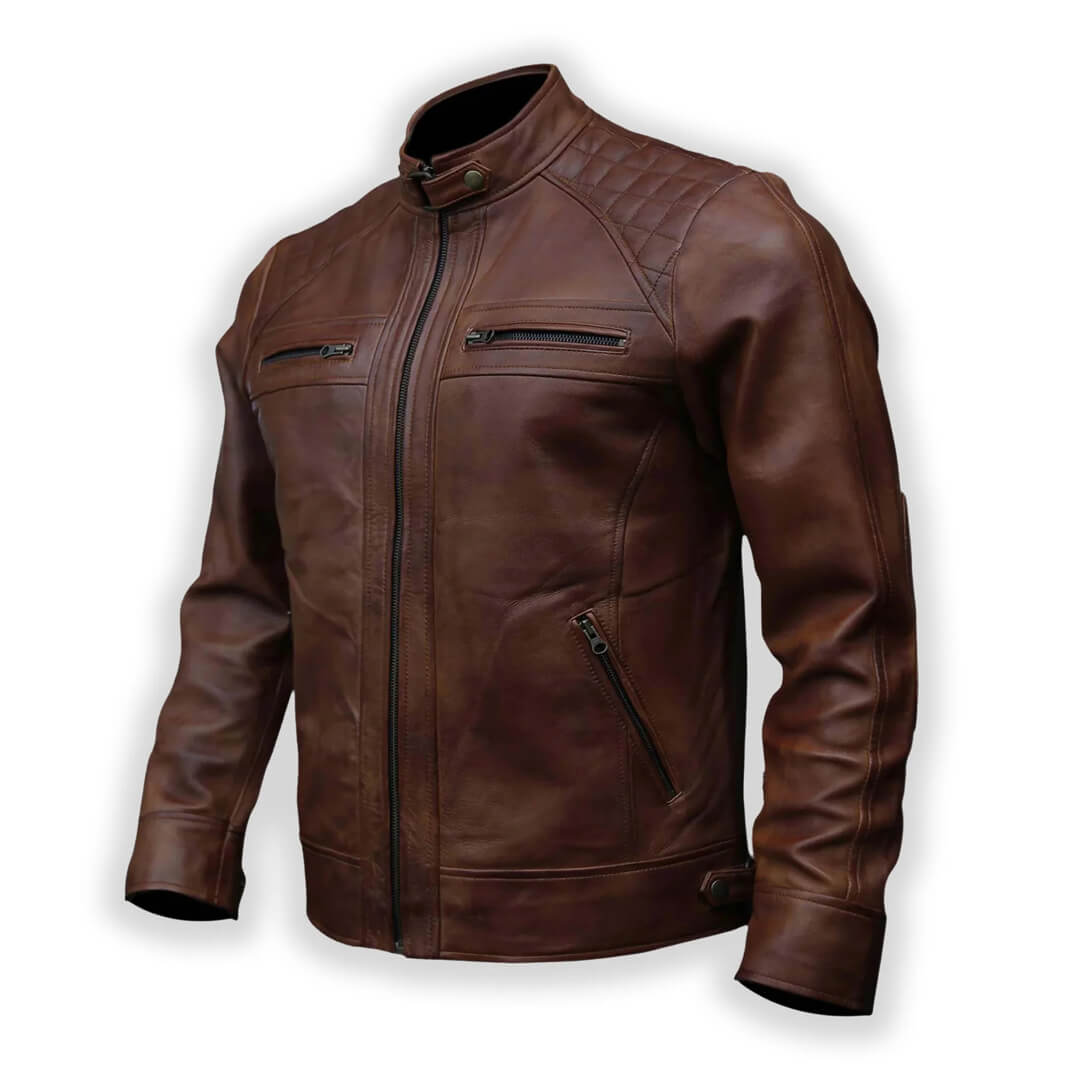 Rowan Brown Quilted Leather Racer Jacket - Leather Jacketss