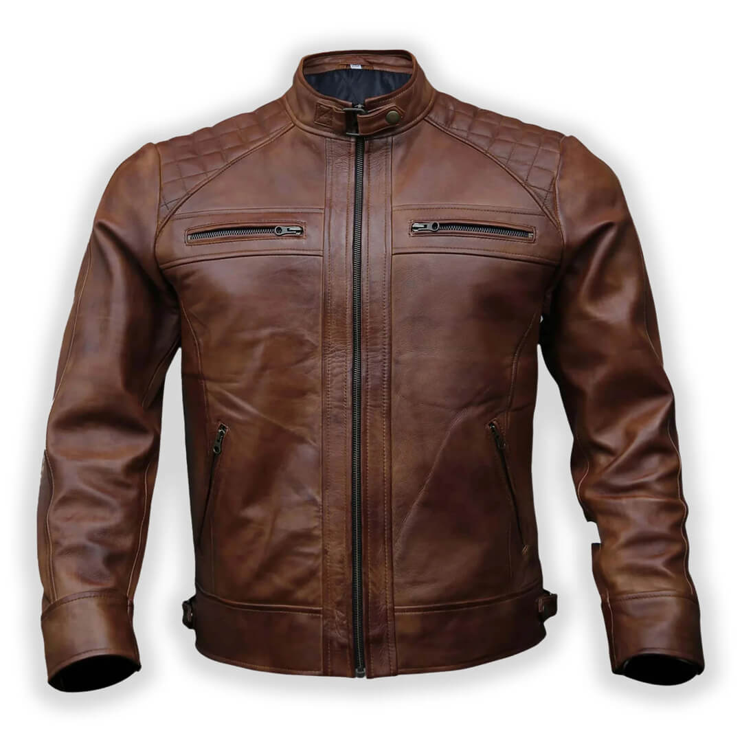 Rowan Brown Quilted Leather Racer Jacket - Leather Jacketss