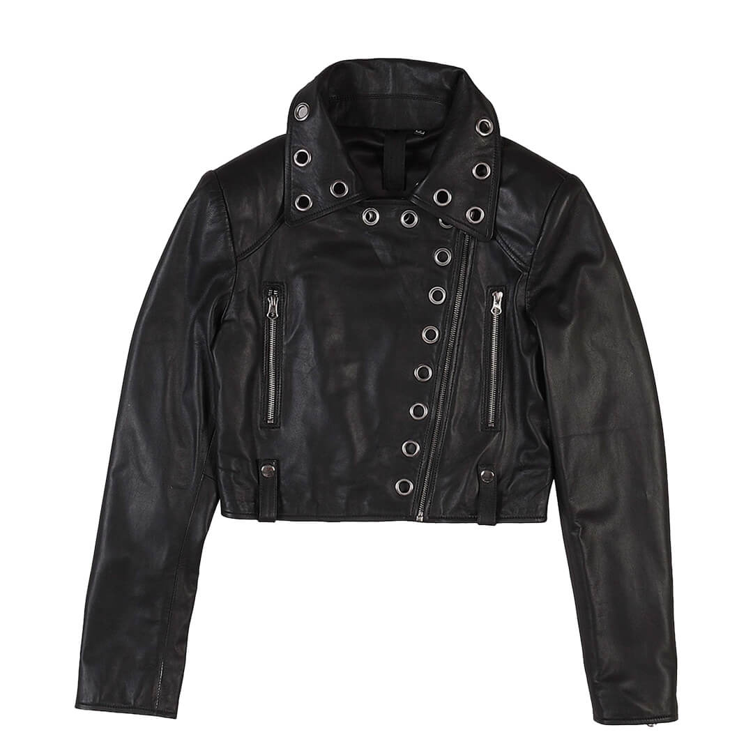 Ava Black Studded Cropped Leather Jacket - Leather Jacketss