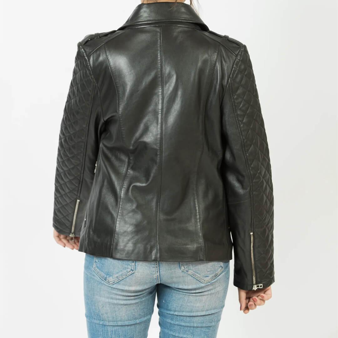 Emily Black Quilted Leather Jacket with Wing-Collar - Leather Jacketss