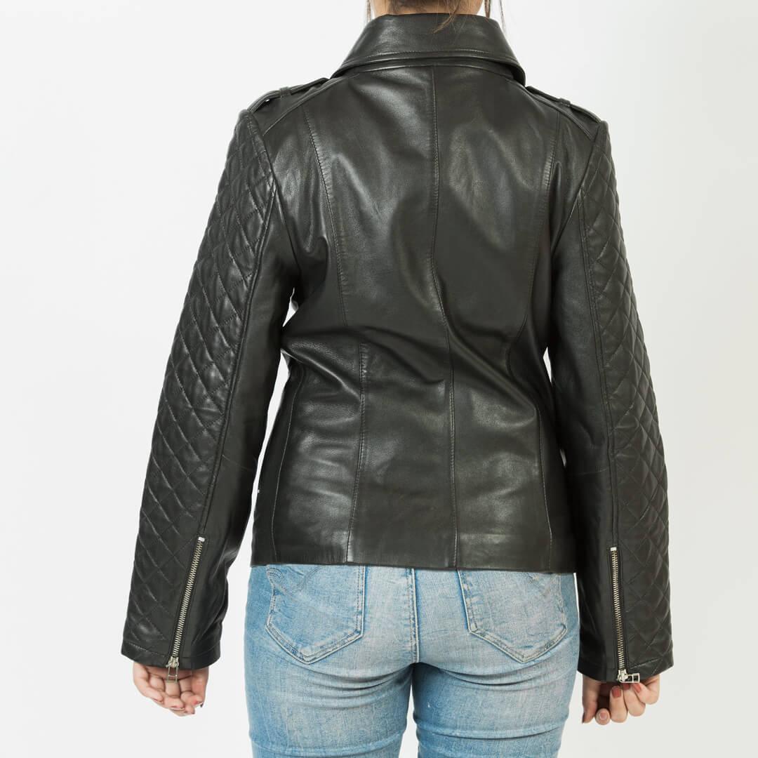 Emily Black Quilted Leather Jacket with Wing-Collar - Leather Jacketss