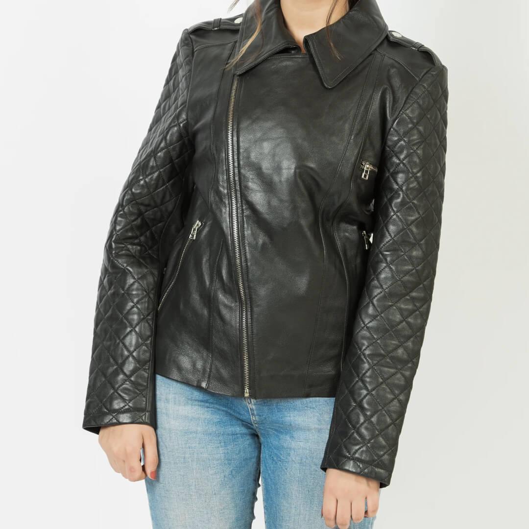 Emily Black Quilted Leather Jacket with Wing-Collar - Leather Jacketss