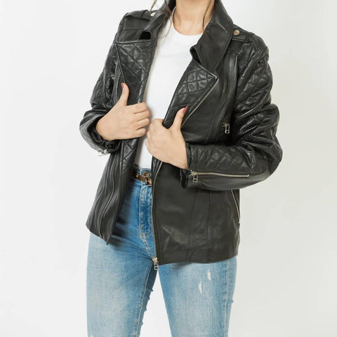 Emily Black Quilted Leather Jacket with Wing-Collar - Leather Jacketss