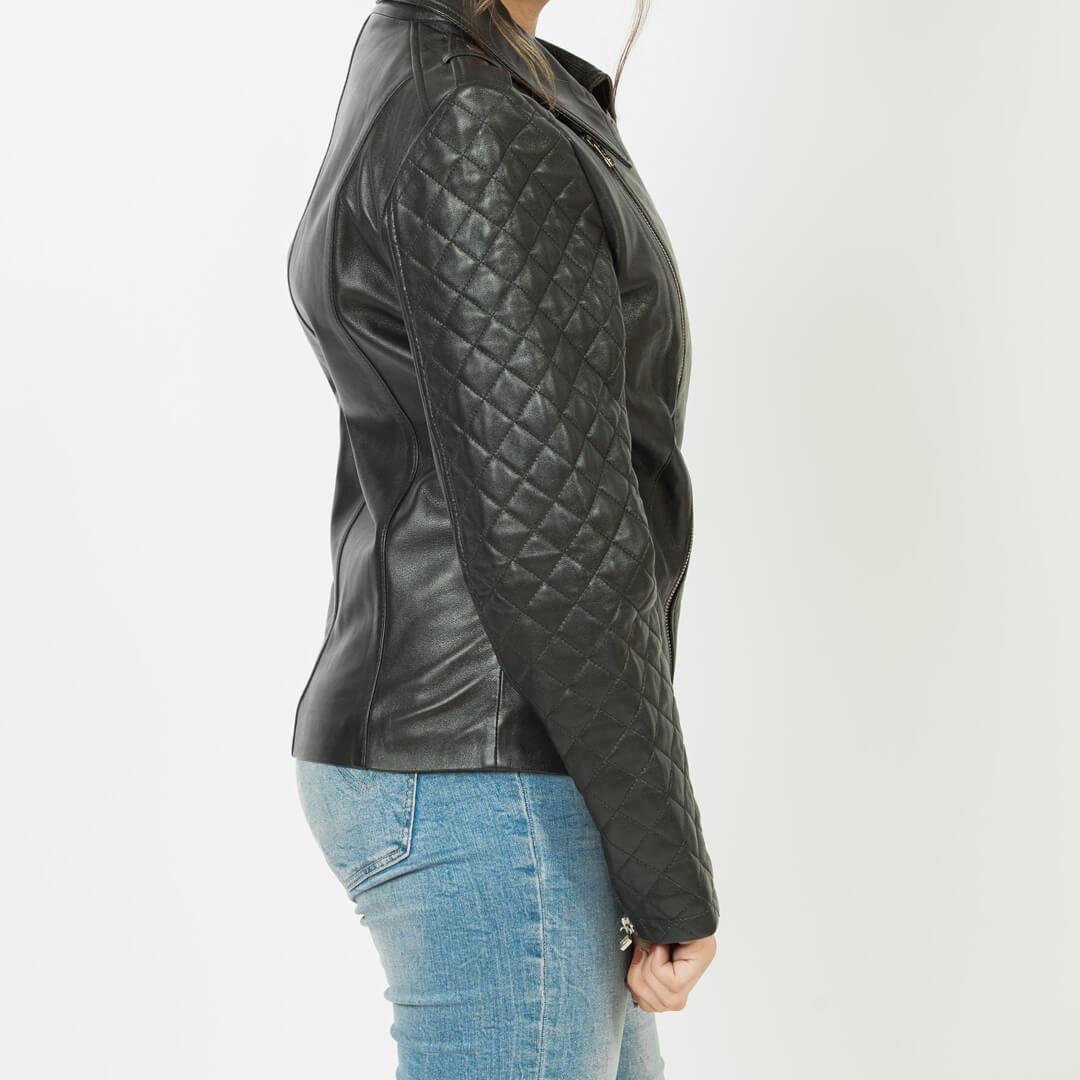 Emily Black Quilted Leather Jacket with Wing-Collar - Leather Jacketss