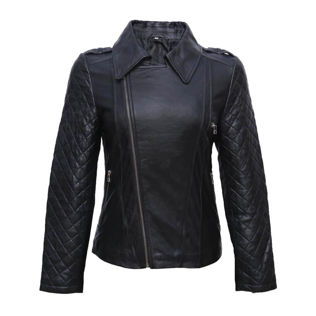 Emily Black Quilted Leather Jacket with Wing-Collar - Leather Jacketss