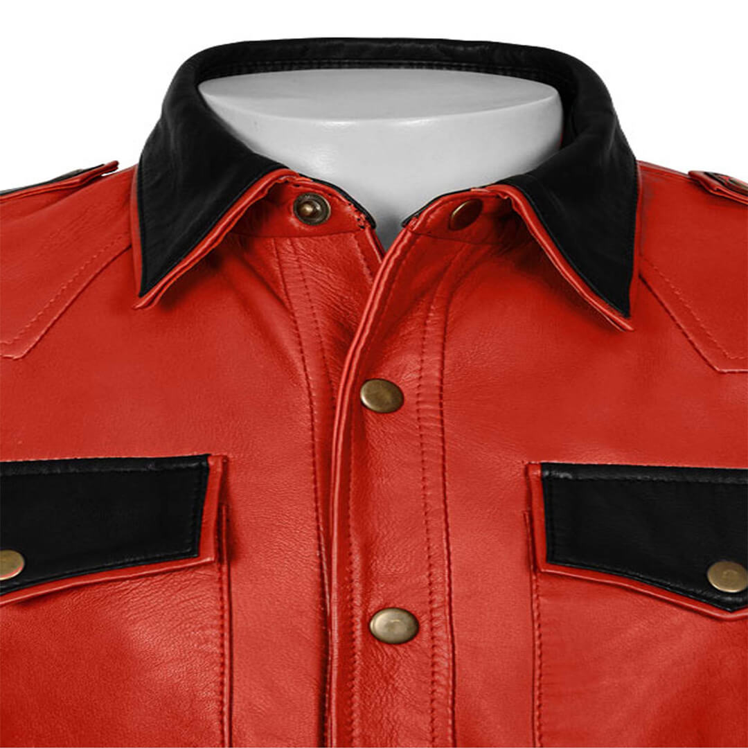 Aaron Red Military Style Native Leather Shirt - Leather Jacketss