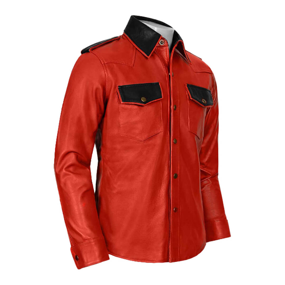 Aaron Red Military Style Native Leather Shirt - Leather Jacketss