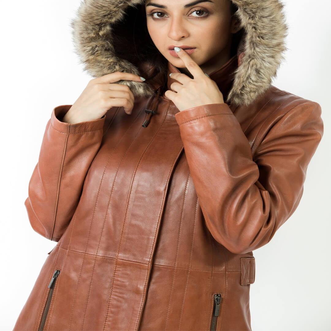 Jane Brown Long Leather Coat with Detachable Shearling Hood - Leather Jacketss