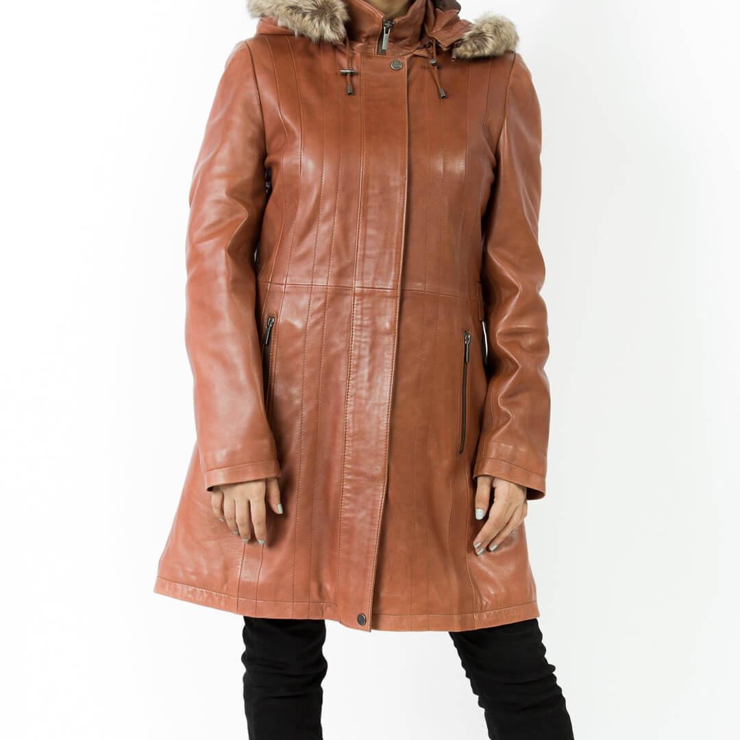 Jane Brown Long Leather Coat with Detachable Shearling Hood - Leather Jacketss