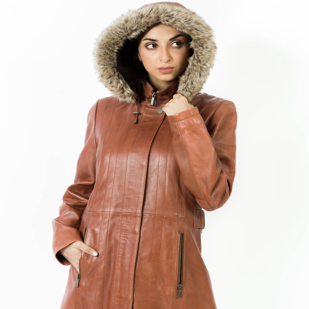 Jane Brown Long Leather Coat with Detachable Shearling Hood - Leather Jacketss