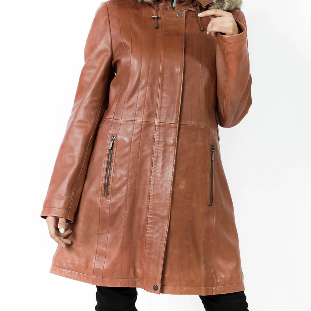 Jane Brown Long Leather Coat with Detachable Shearling Hood - Leather Jacketss