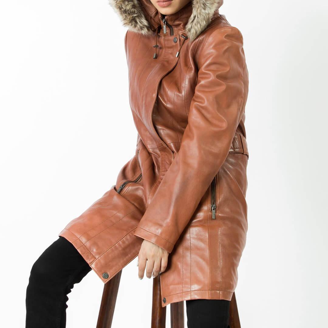 Jane Brown Long Leather Coat with Detachable Shearling Hood - Leather Jacketss