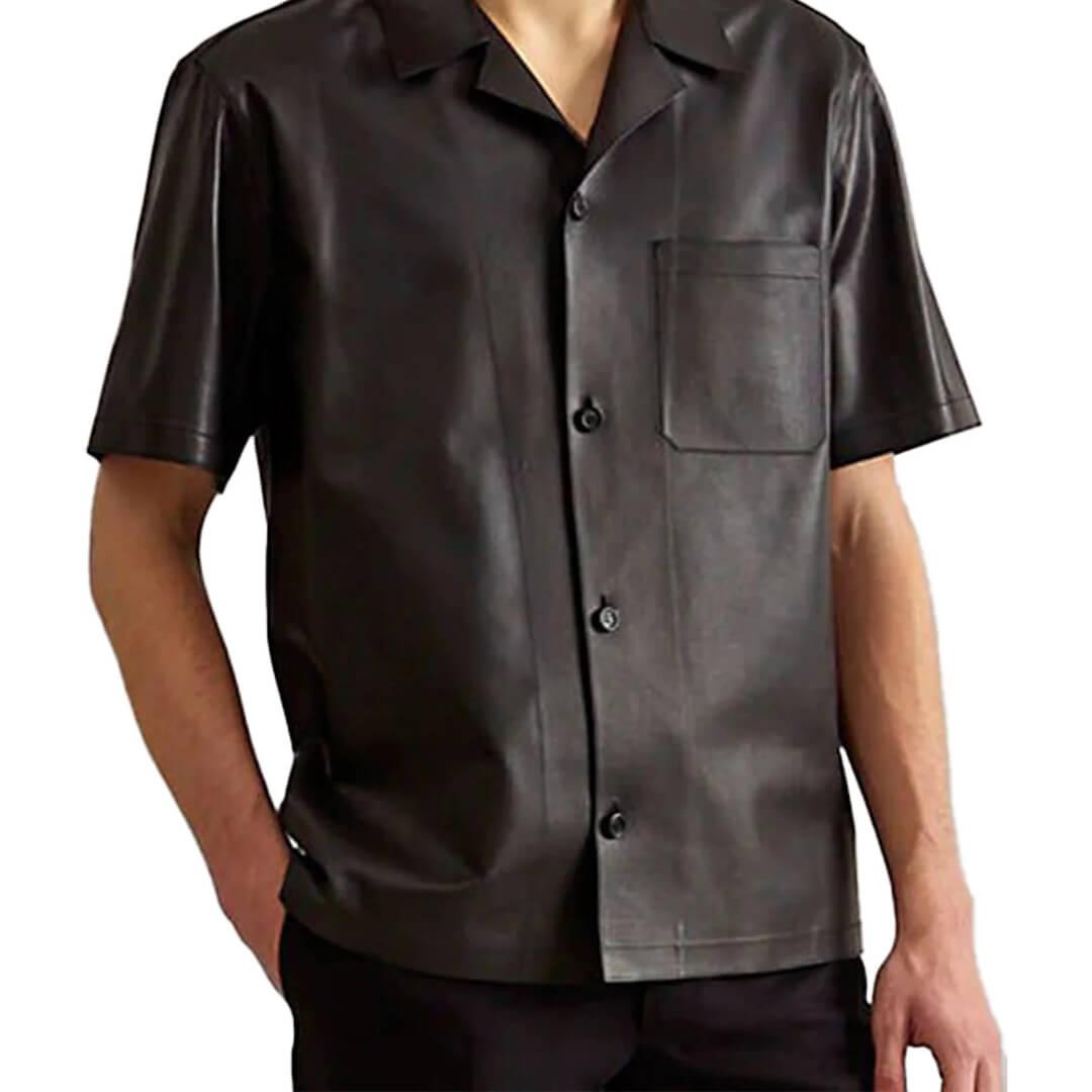 Henry Short Sleeve Black Leather Shirt - Leather Jacketss