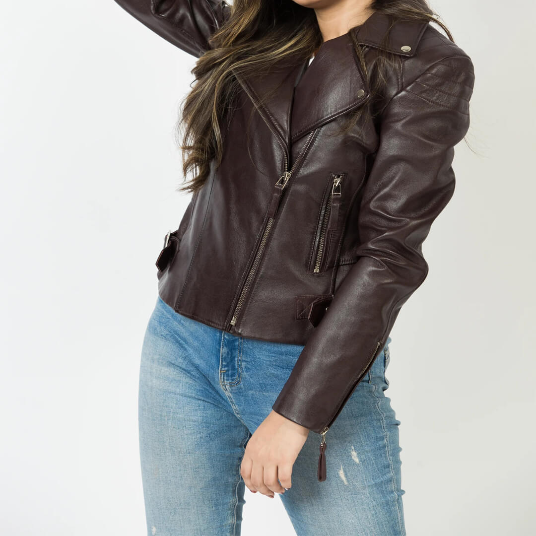 Nina Burgundy Motorcycle Leather Jacket - Leather Jacketss