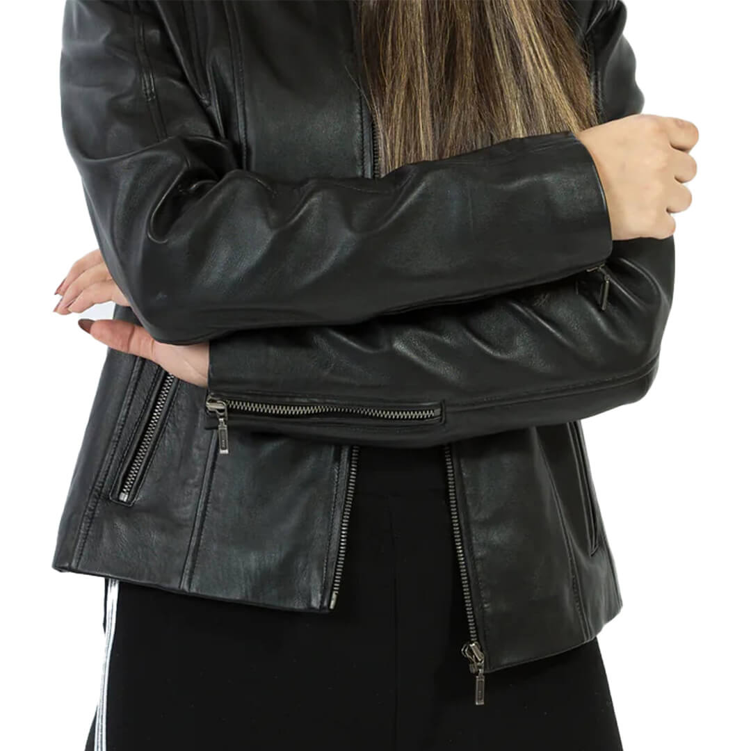 Stella Black Leather Biker Jacket with Zipper Cuffs - Leather Jacketss