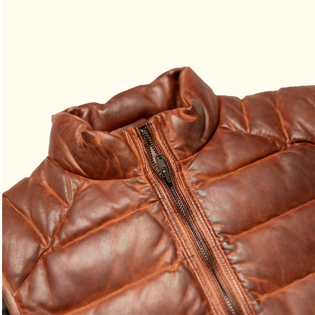 Theodore Brown Leather Down Puffer Vest - Leather Jacketss