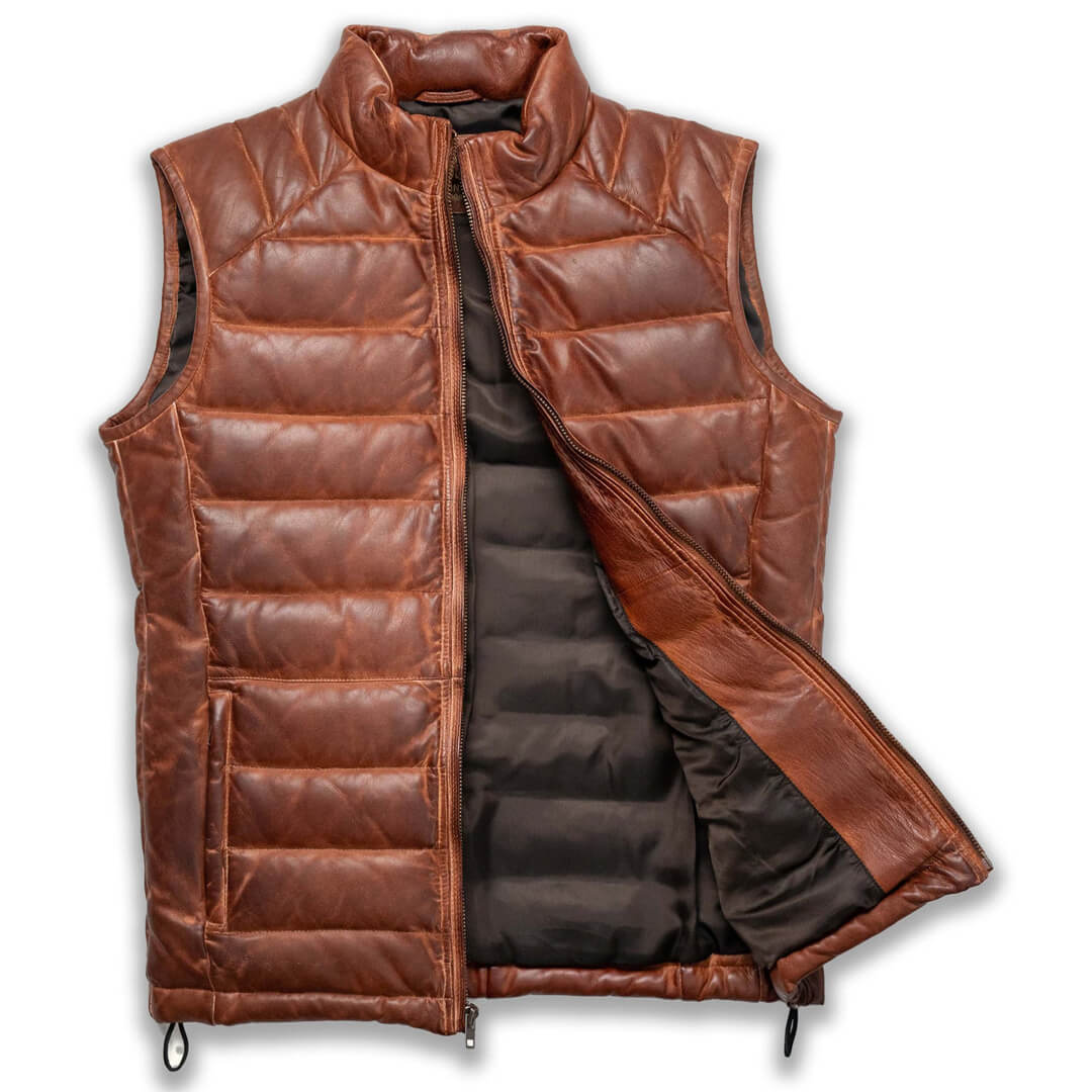 Theodore Brown Leather Down Puffer Vest - Leather Jacketss