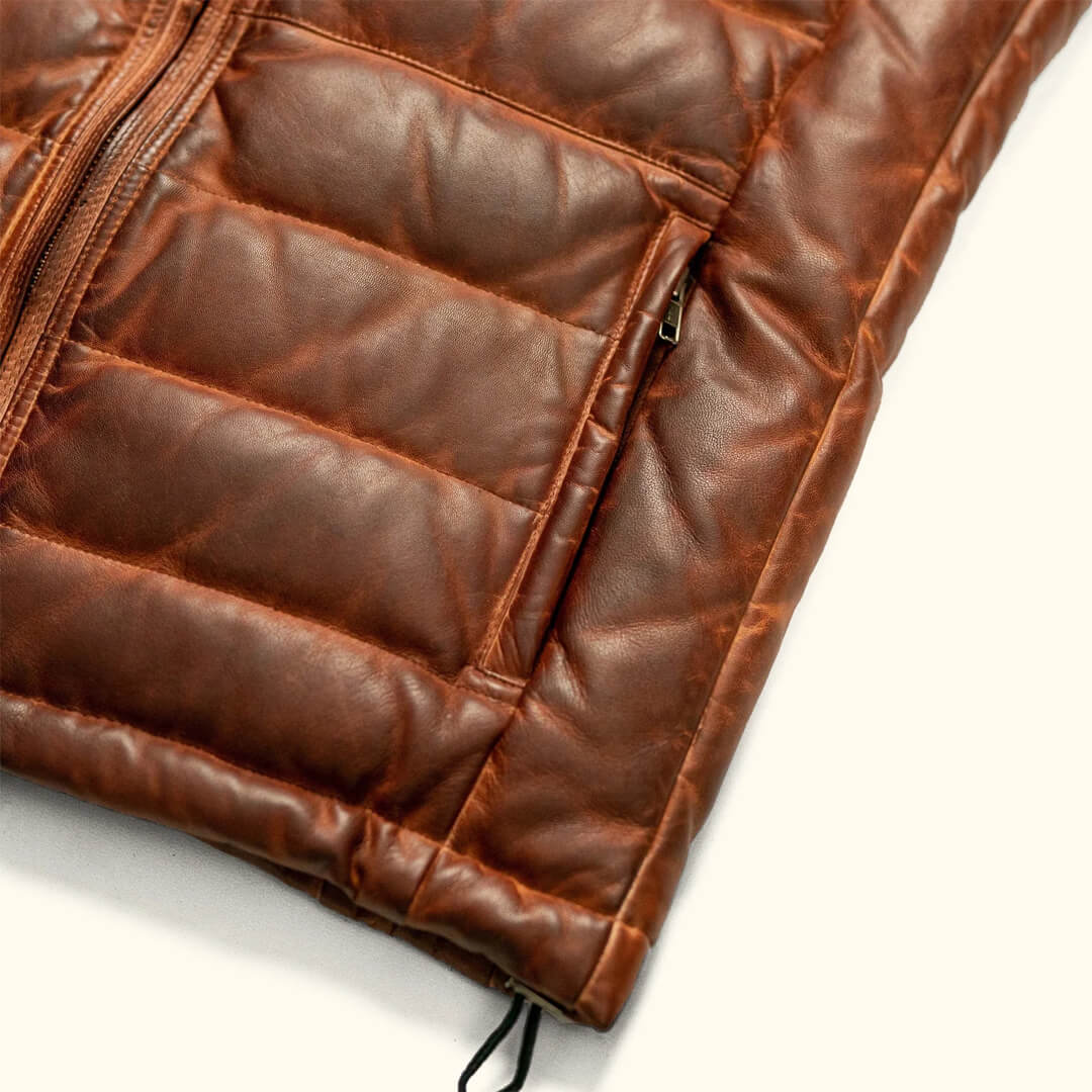 Theodore Brown Leather Down Puffer Vest - Leather Jacketss