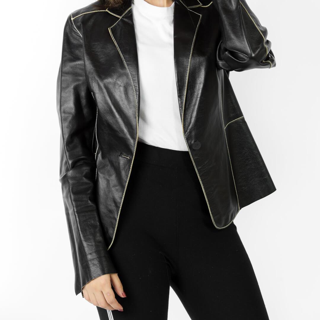 Petria Black Single-Button Leather Blazer - Leather Jacketss