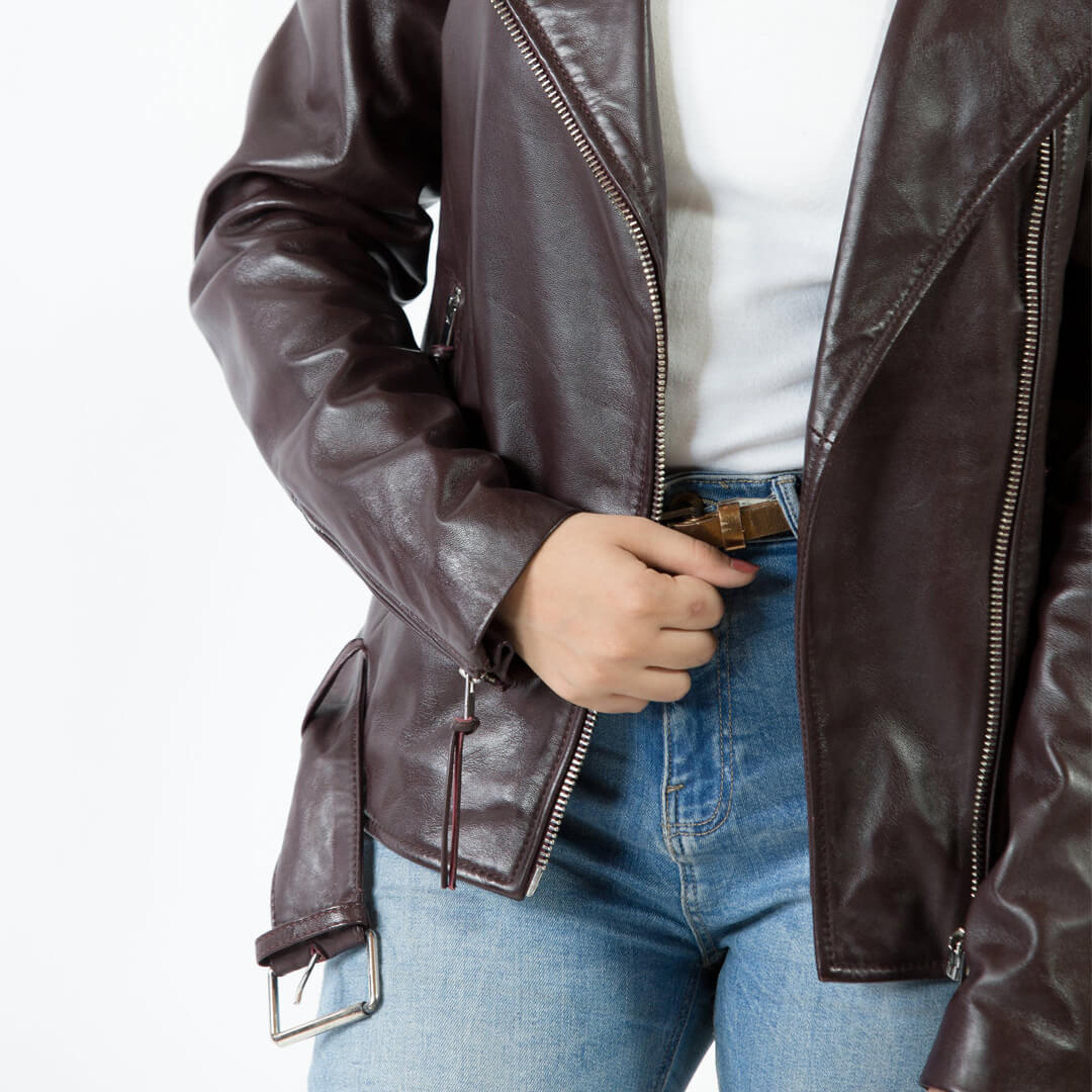 Pia Belted Motorcycle Burgundy Leather Jacket - Leather Jacketss