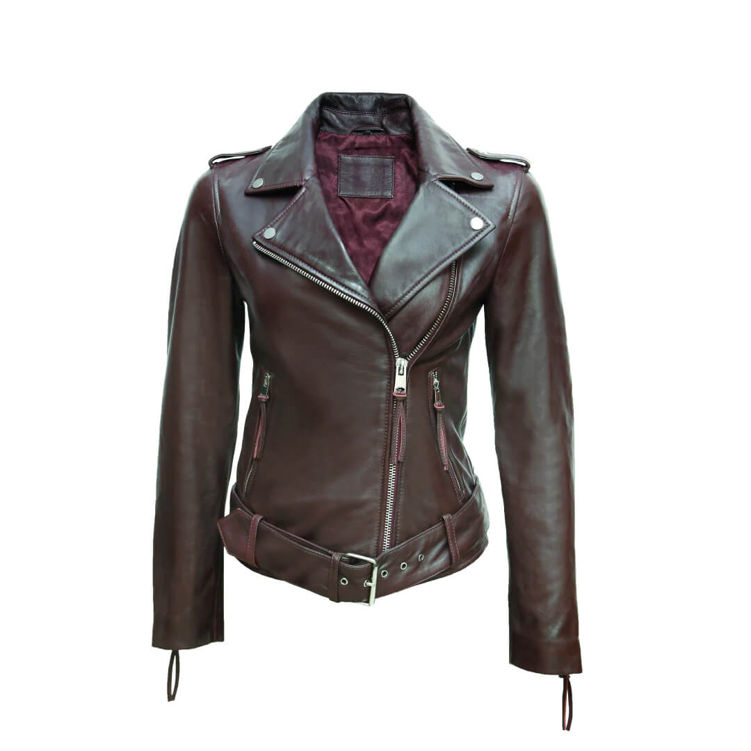 Pia Belted Motorcycle Burgundy Leather Jacket - Leather Jacketss