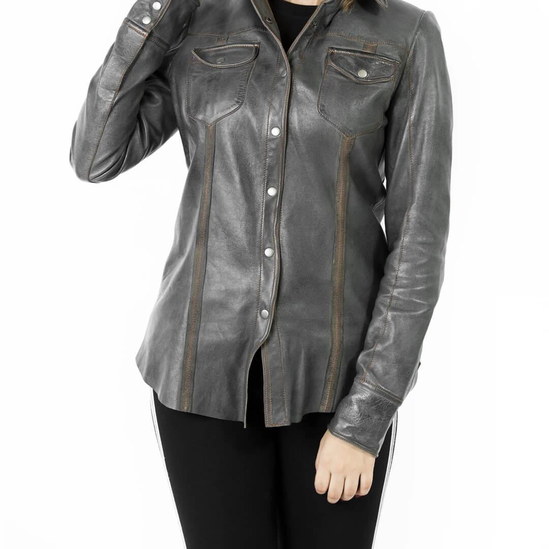 Rita Steel Grey Leather Shirt Jacket - Leather Jacketss