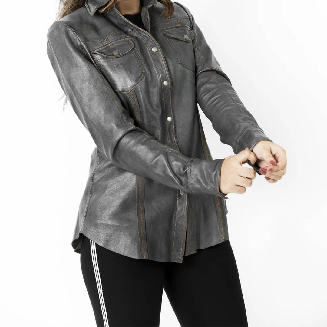 Rita Steel Grey Leather Shirt Jacket - Leather Jacketss