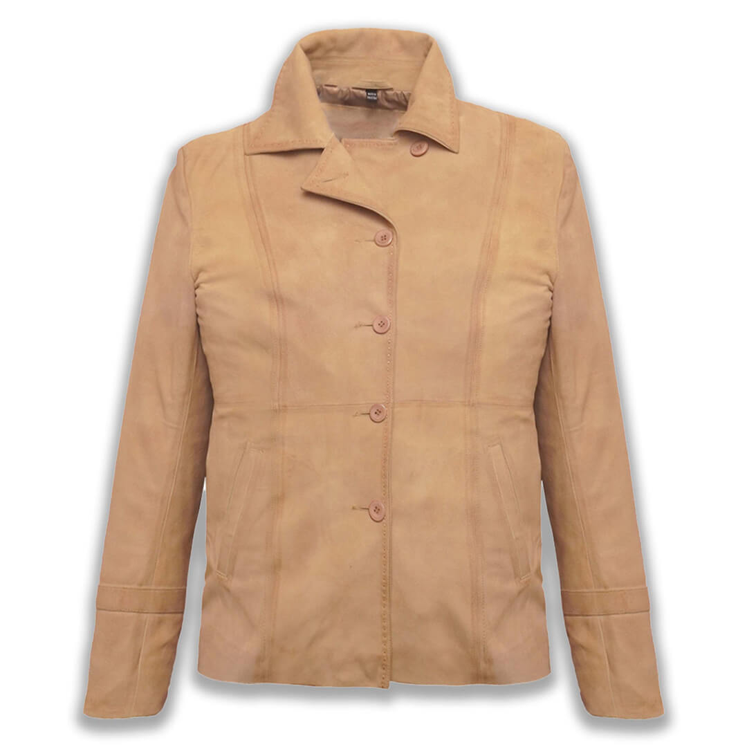 Emilia Beige Suede Leather Scurf Blazer - Leather Jacketss