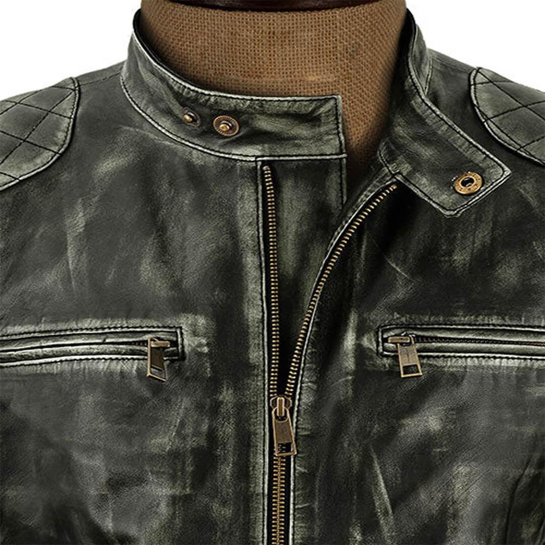 Paul Charcoal Distressed Leather Racer Jacket - Leather Jacketss