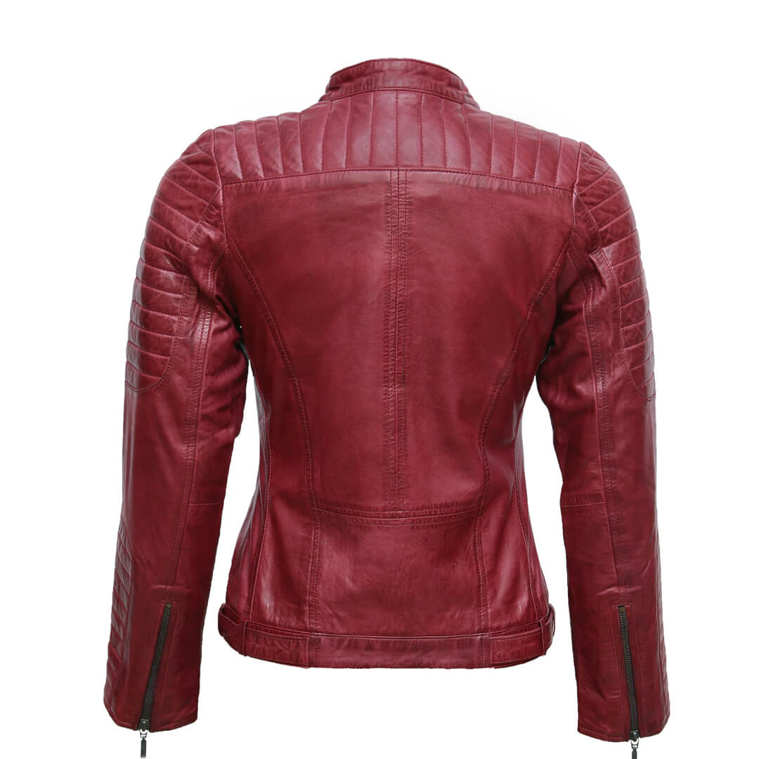 Alison Quilted Burgundy Leather Jacket with Collar Belt - Leather Jacketss