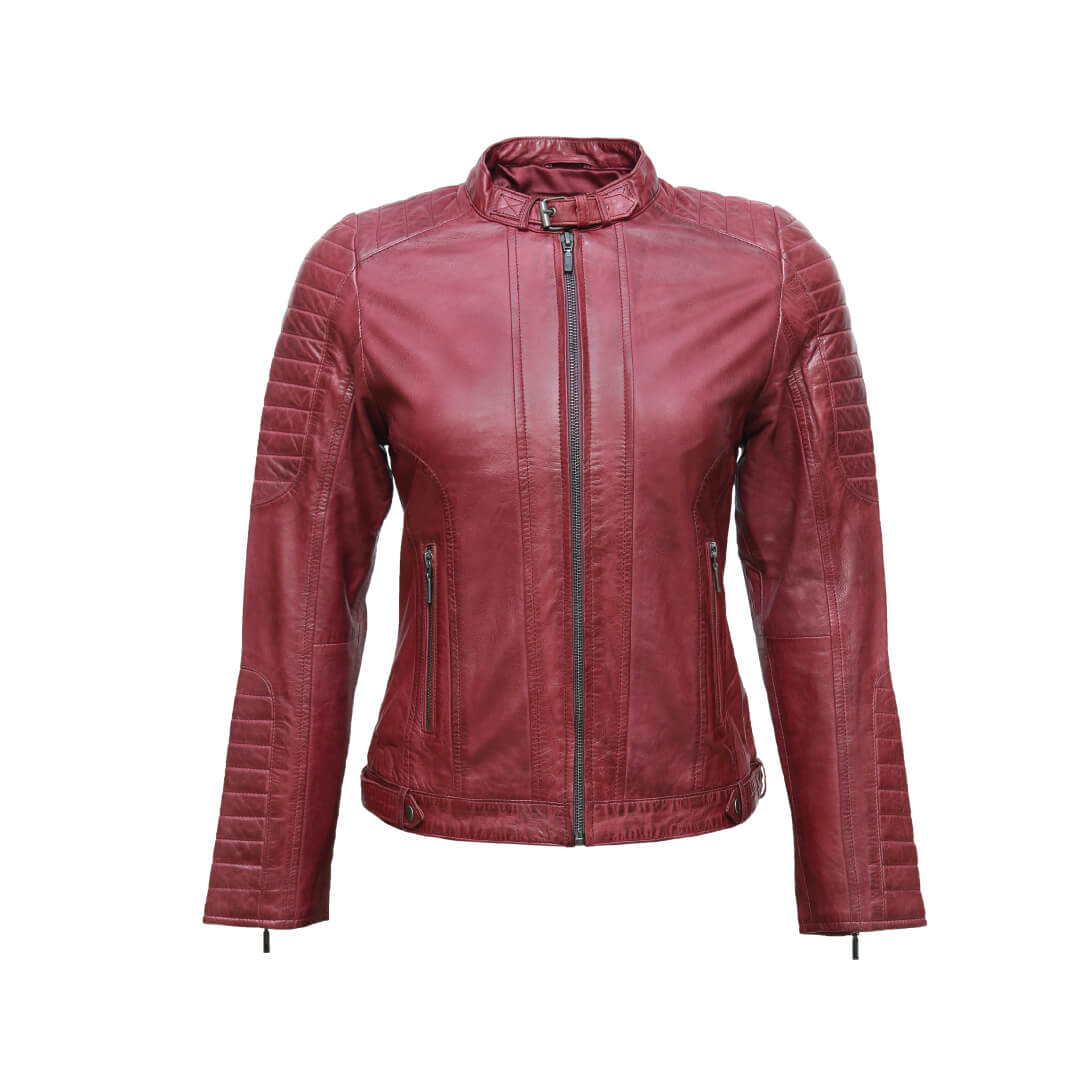 Alison Quilted Burgundy Leather Jacket with Collar Belt - Leather Jacketss