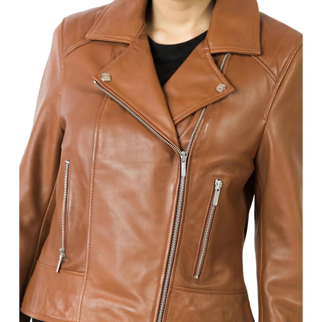 Britta Brown Leather Biker Jacket - Leather Jacketss