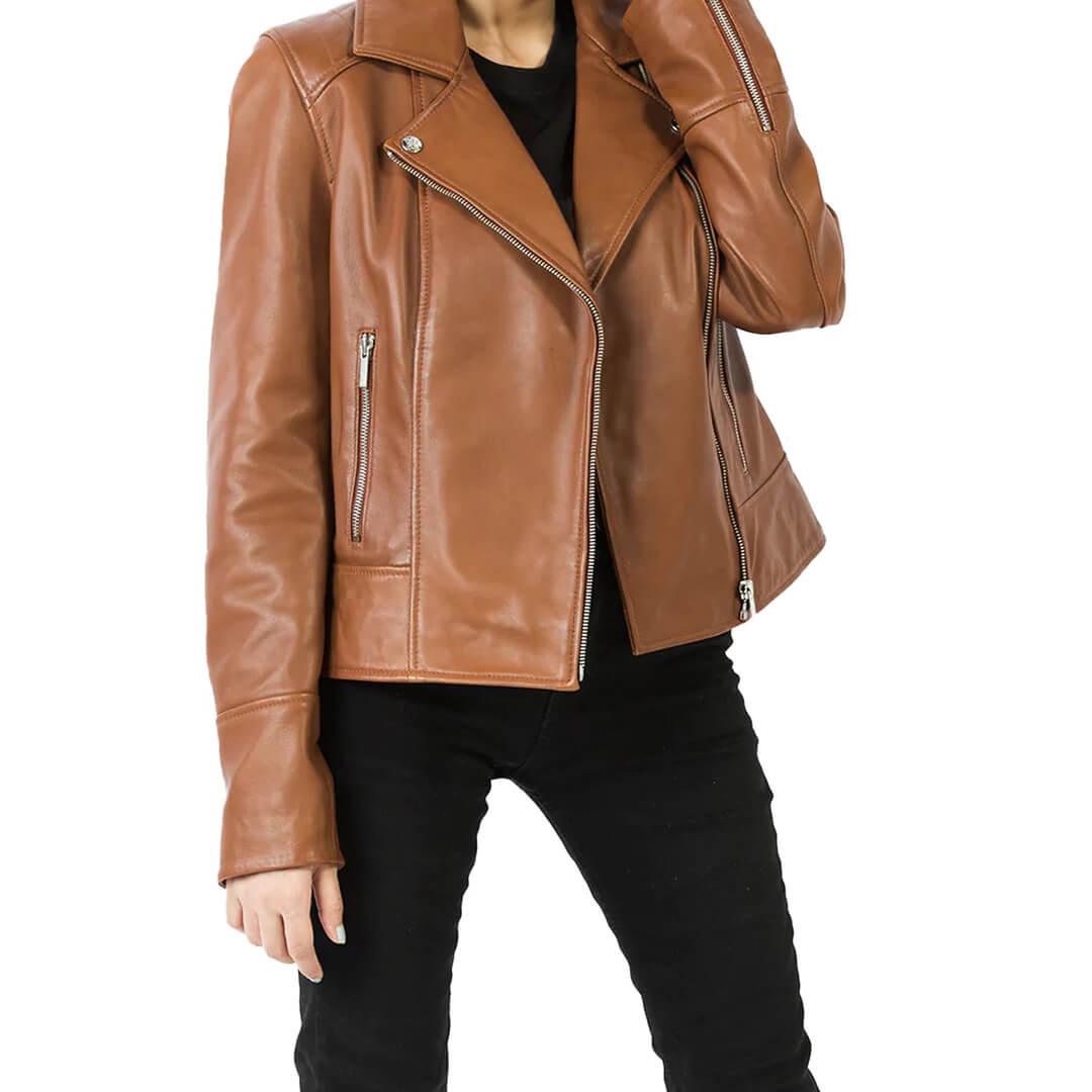 Britta Brown Leather Biker Jacket - Leather Jacketss