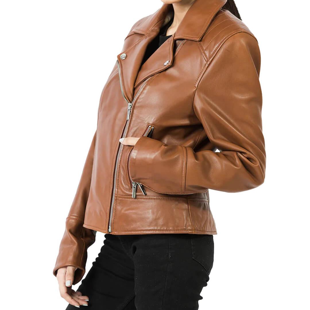 Britta Brown Leather Biker Jacket - Leather Jacketss