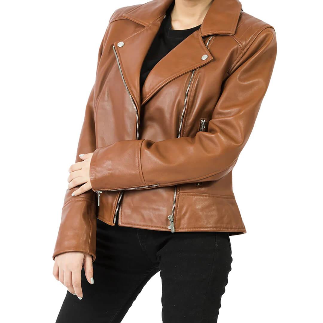 Britta Brown Leather Biker Jacket - Leather Jacketss