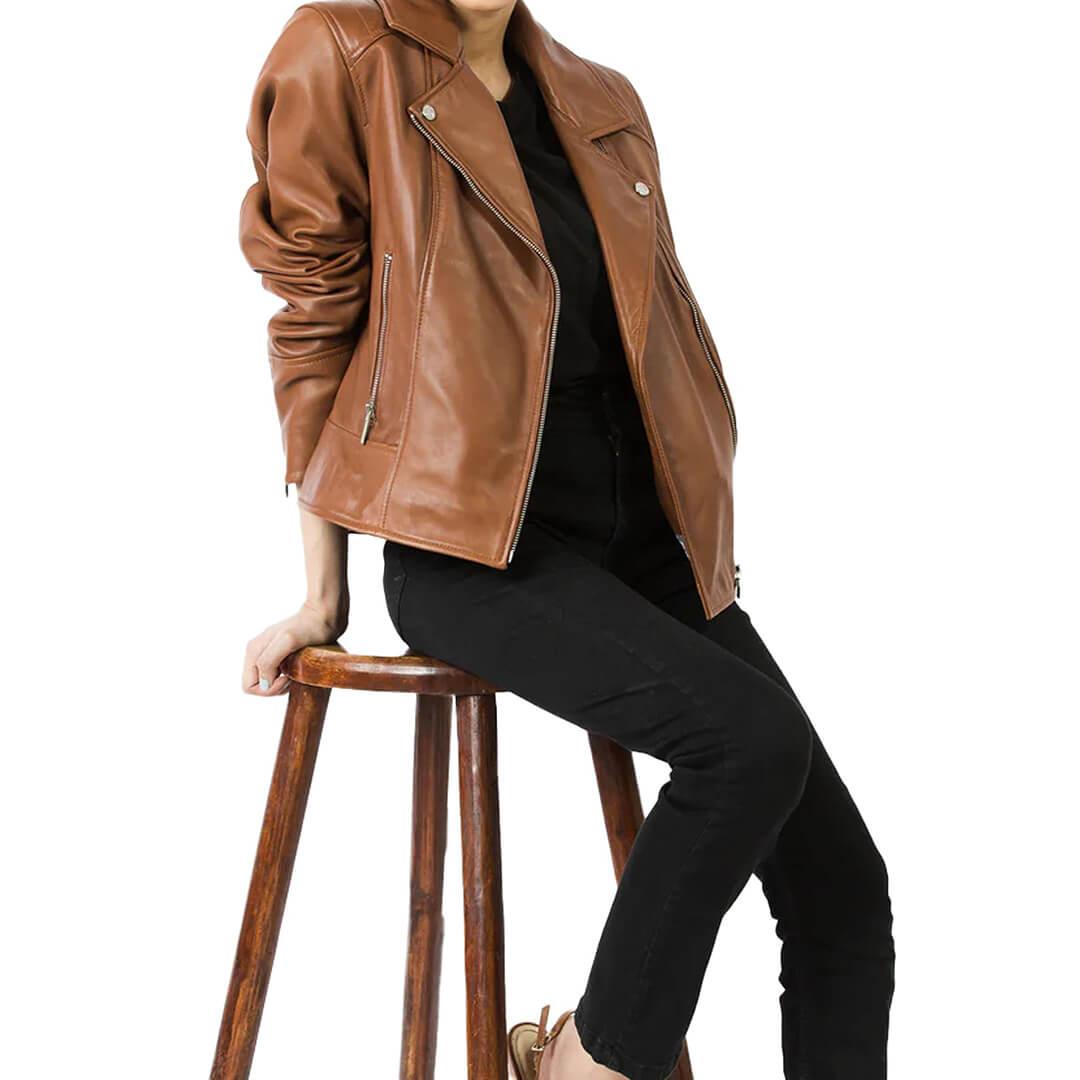 Britta Brown Leather Biker Jacket - Leather Jacketss