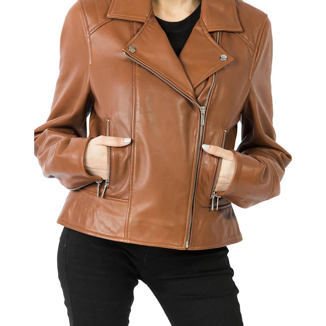 Britta Brown Leather Biker Jacket - Leather Jacketss