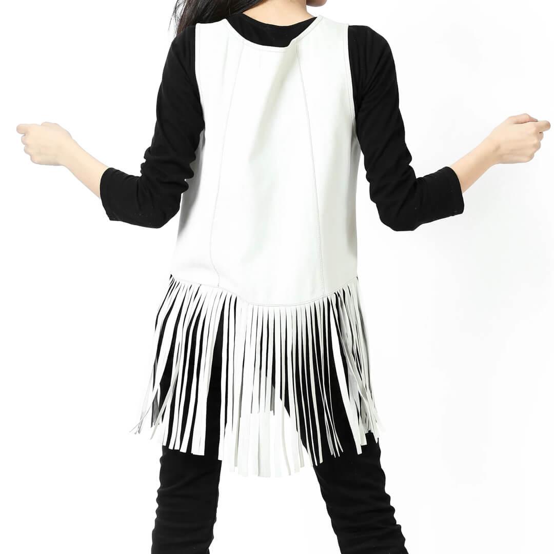 Barbra White Fringed Sleeveless Leather Top Shirt - Leather Jacketss