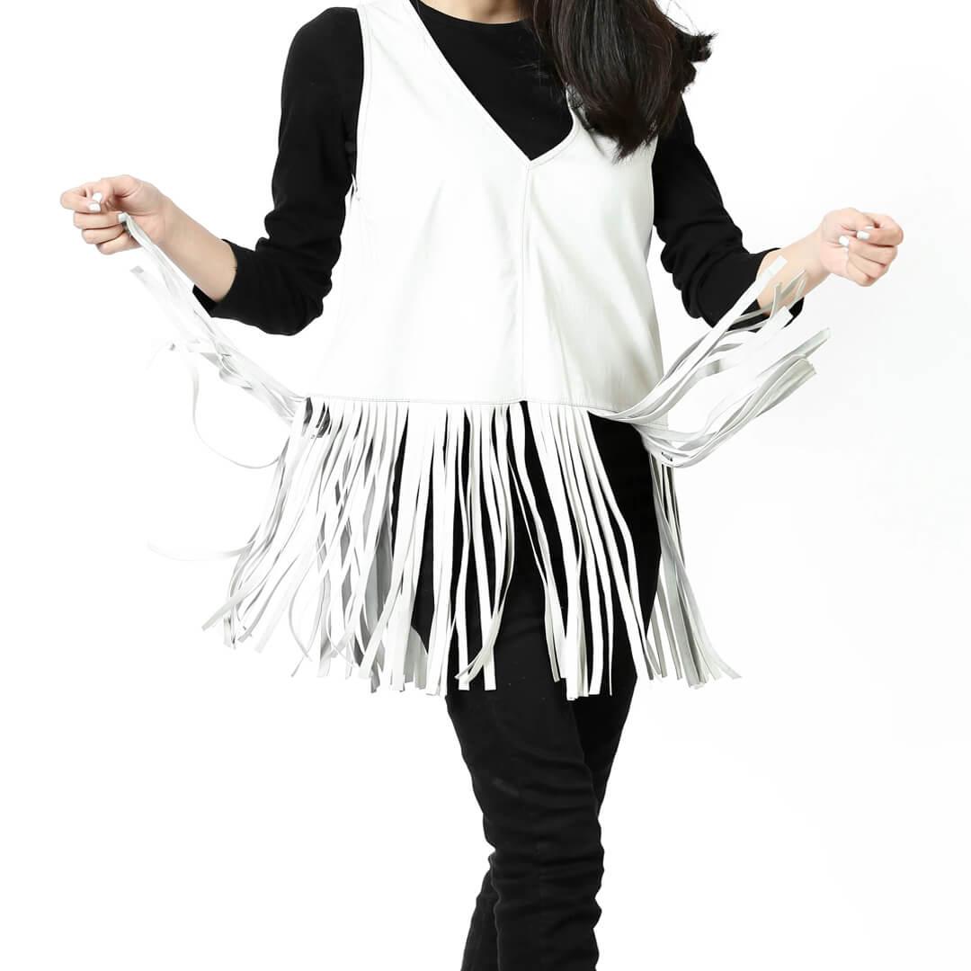 Barbra White Fringed Sleeveless Leather Top Shirt - Leather Jacketss